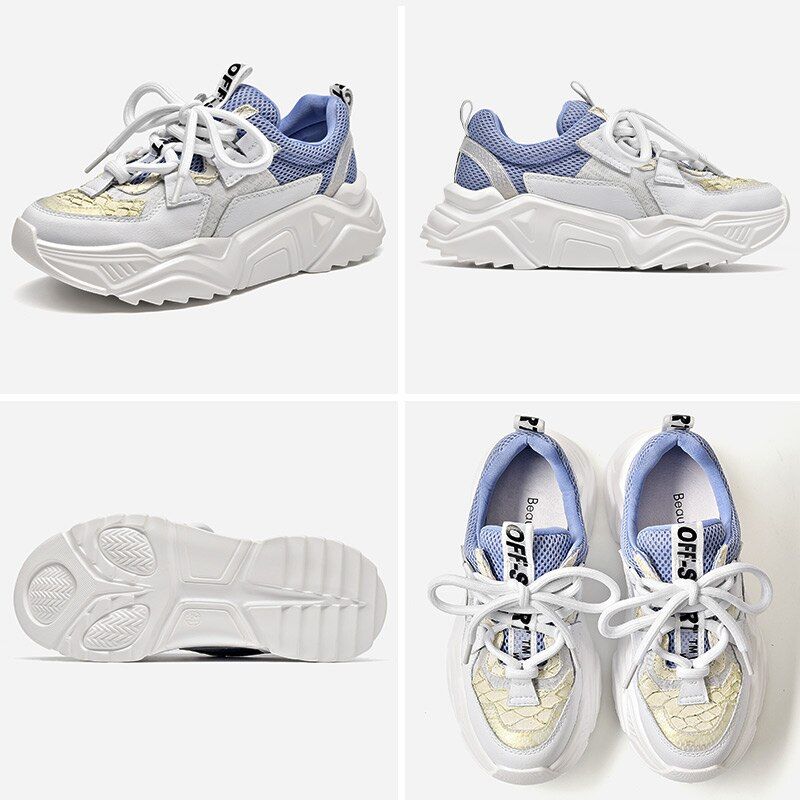Chelma Dames Sneakers Platform Leuke Leren Schoenen - Wit Blauw