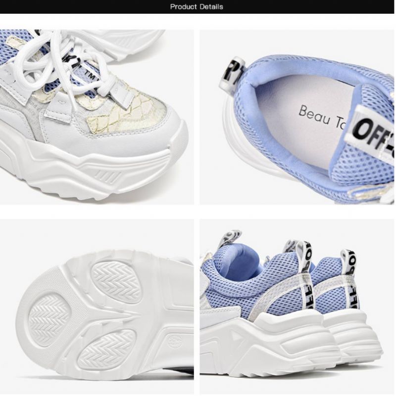 Chelma Dames Sneakers Platform Leuke Leren Schoenen - Wit Blauw