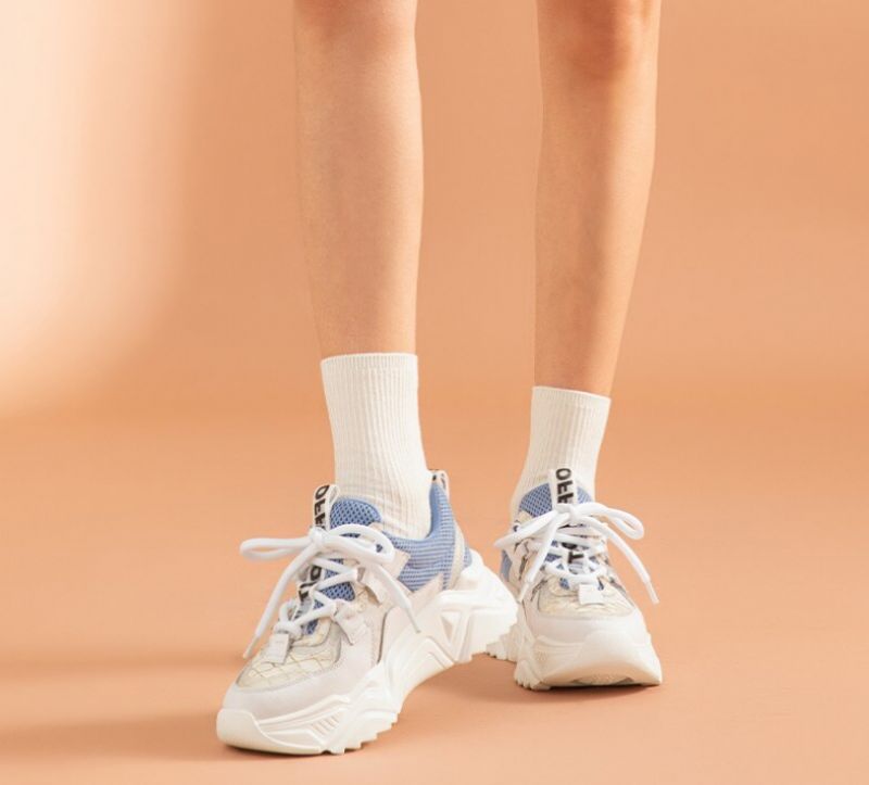 Chelma Dames Sneakers Platform Leuke Leren Schoenen - Wit Blauw