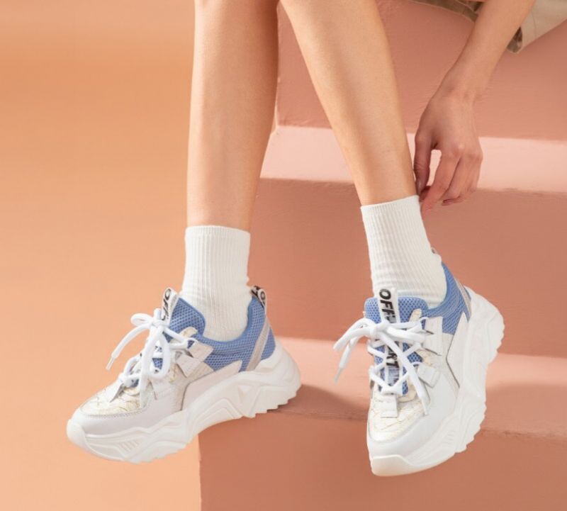 Chelma Dames Sneakers Platform Leuke Leren Schoenen - Wit Blauw
