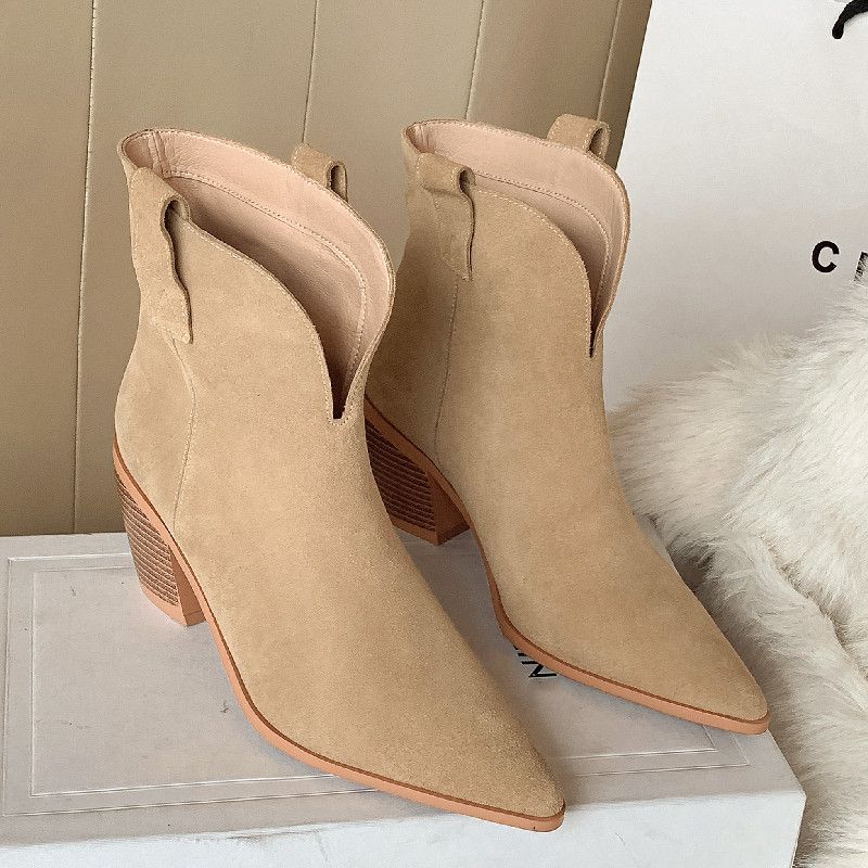 Claret Dames Puntige Neus Laarzen - Beige Zonder vacht