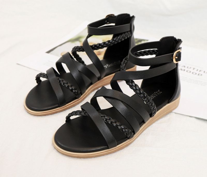 Claudi Dames Cross Strap Platte Sandaal - Zwart