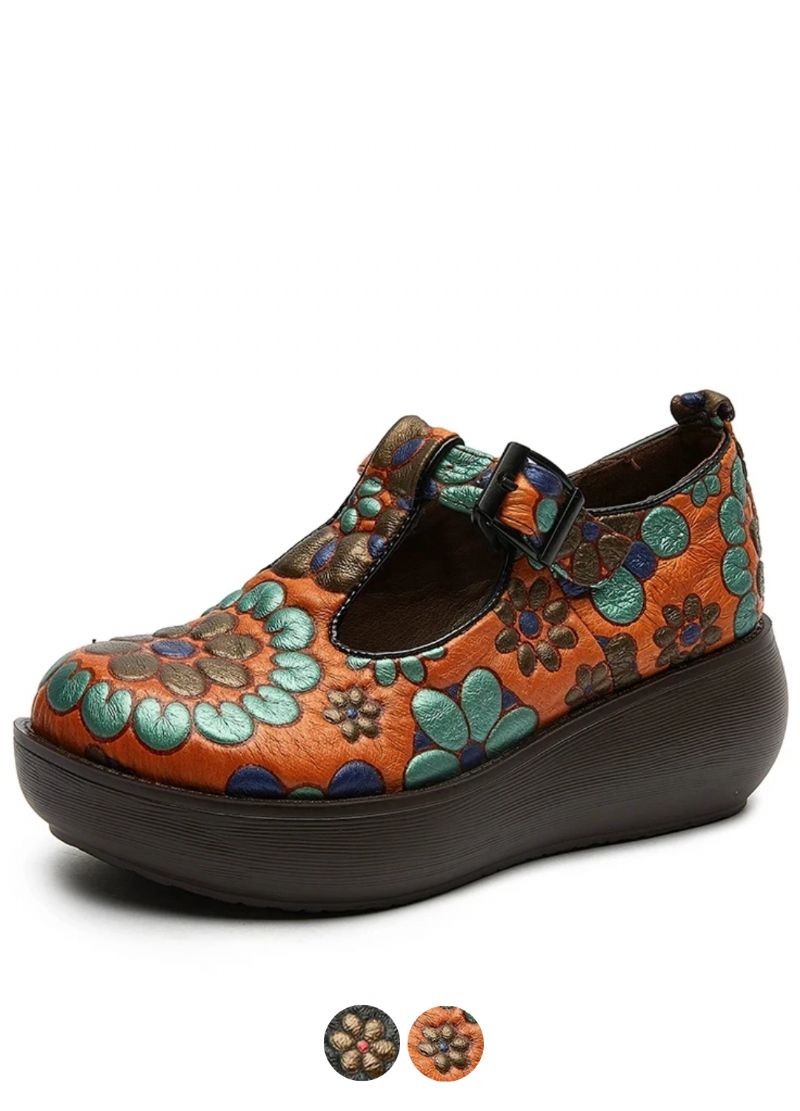 Claudia Dames Leren Ronde Neus Platform Schoenen