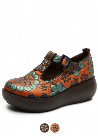 Claudia Dames Leren Ronde Neus Platform Schoenen