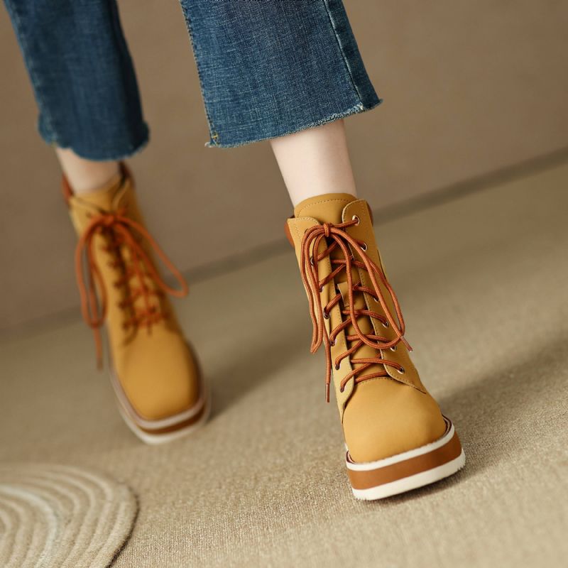 Cleo Dames Platform Laarzen - Geel kort pluche