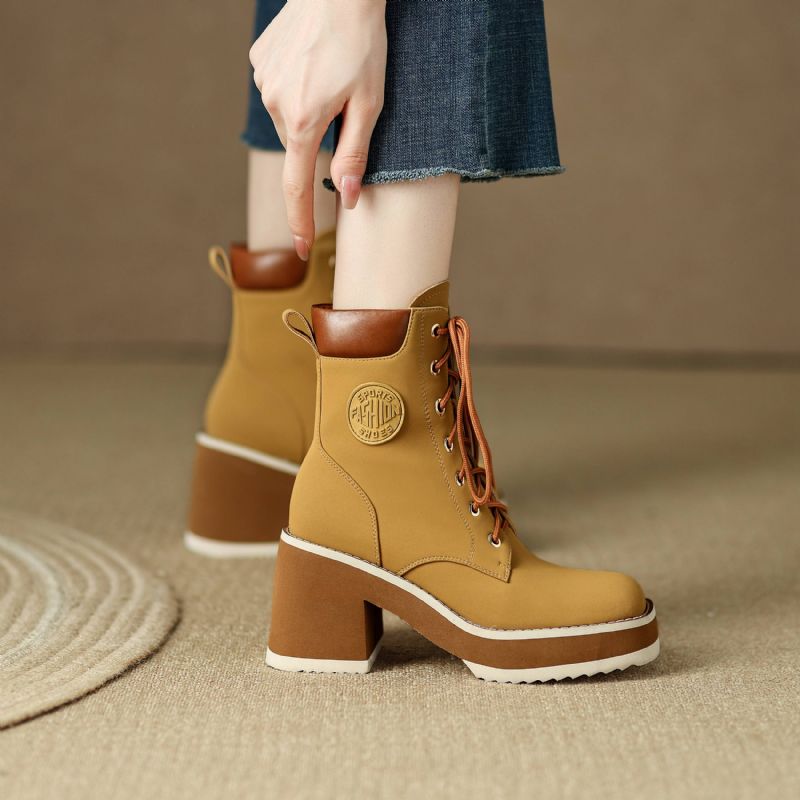 Cleo Dames Platform Laarzen - Geel kort pluche