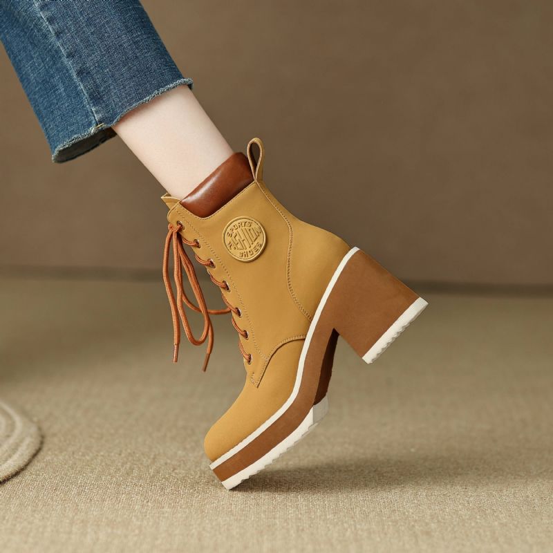 Cleo Dames Platform Laarzen - Geel kort pluche