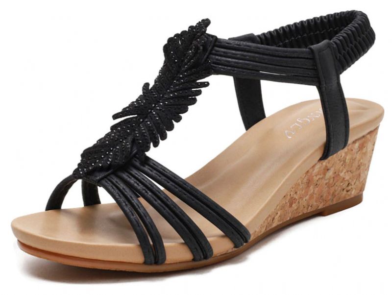 Cornelia Dames Wedge T-strap Sandaal - Zwart