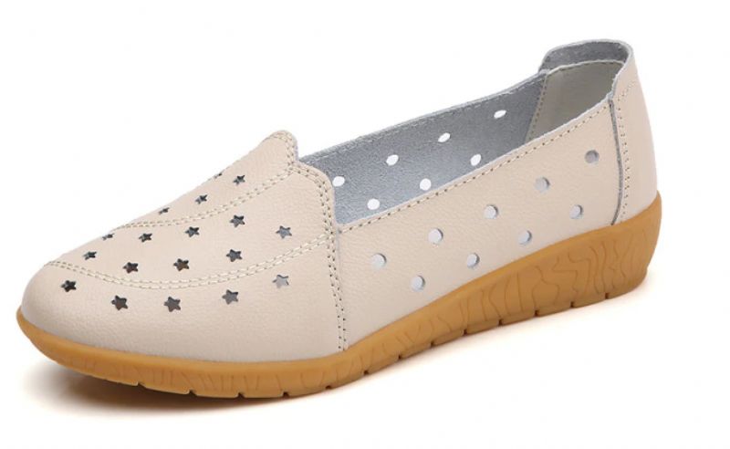 Delu Dames Leren Loafer Schoenen - Beige Hollow