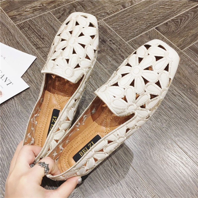Delu Dames Leren Loafer Schoenen - Beige Hollow