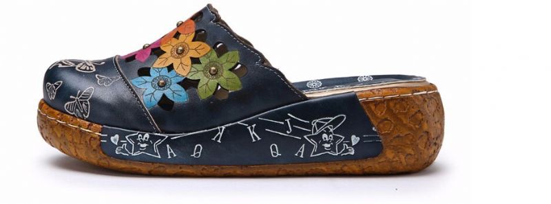 Diana Dames Platform Leren Clogs - Blauw