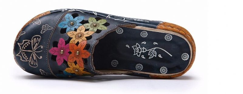 Diana Dames Platform Leren Clogs - Blauw