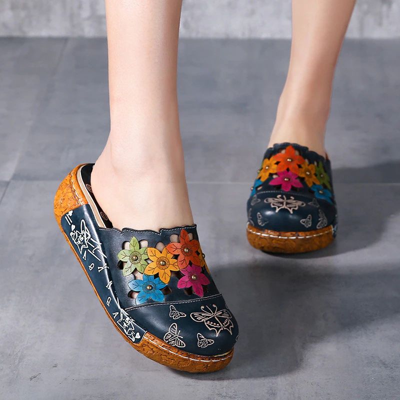 Diana Dames Platform Leren Clogs - Blauw
