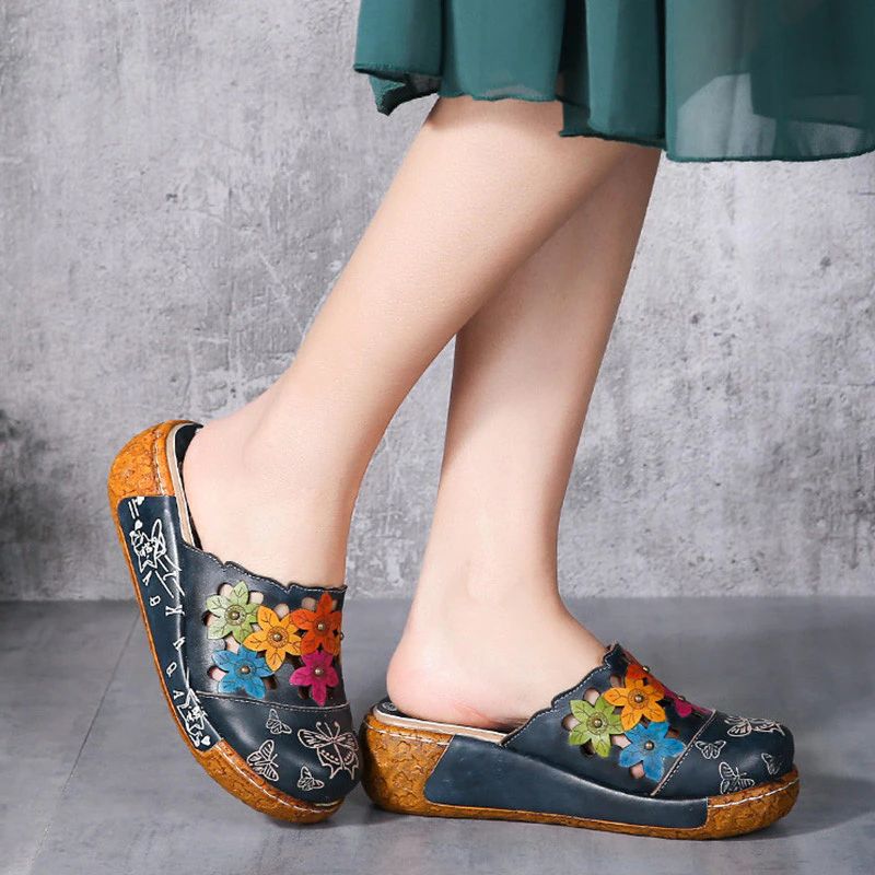 Diana Dames Platform Leren Clogs - Blauw
