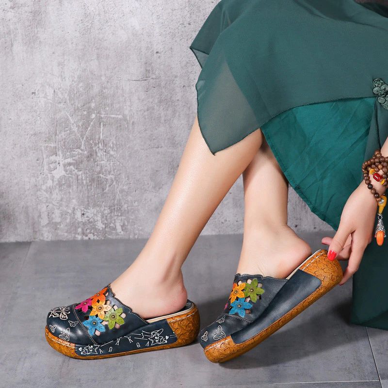 Diana Dames Platform Leren Clogs - Blauw