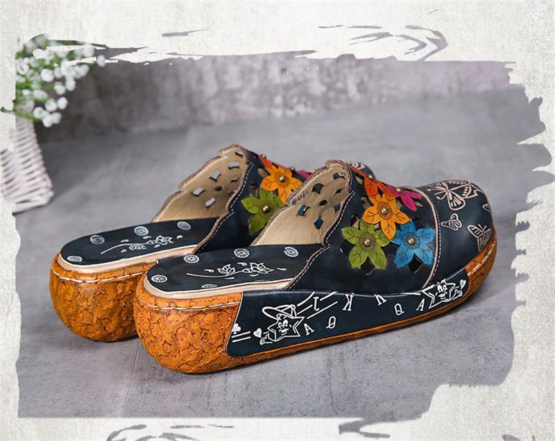 Diana Dames Platform Leren Clogs - Blauw