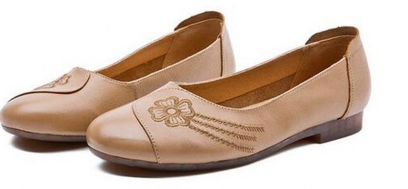 Dianna Dames Geborduurde Zachte Leren Instappers Loafers - Kaki