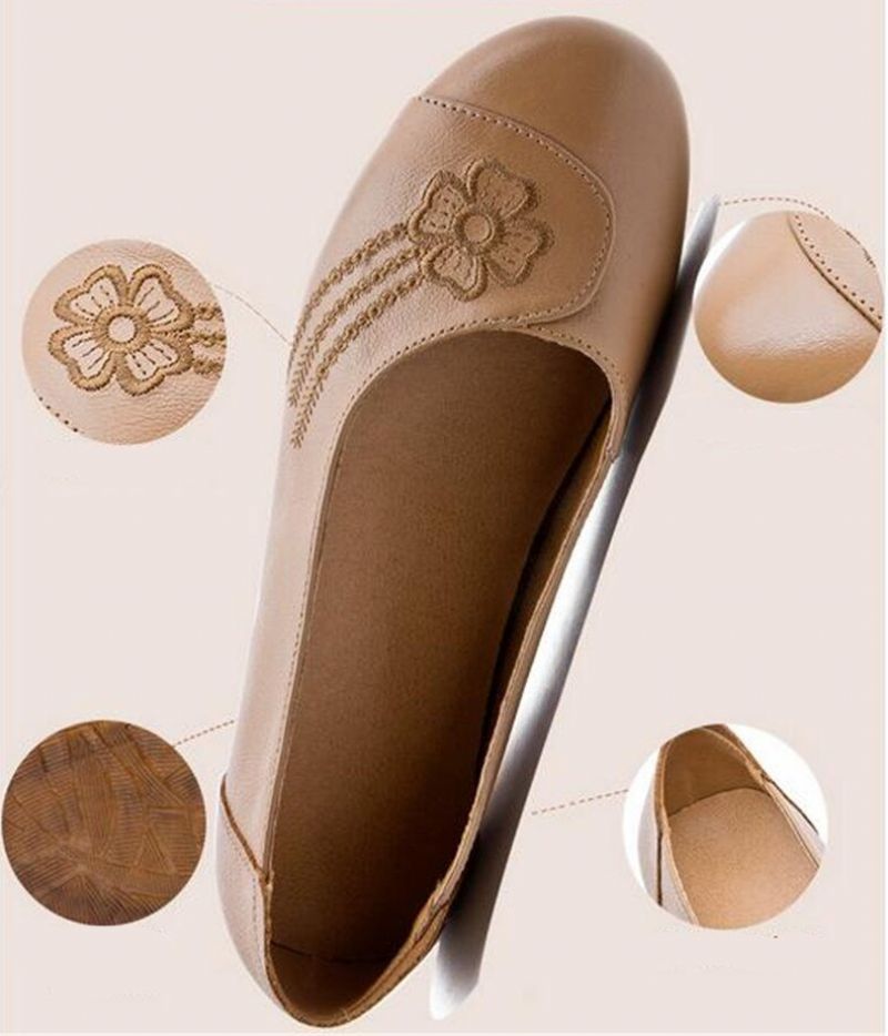 Dianna Dames Geborduurde Zachte Leren Instappers Loafers - Kaki