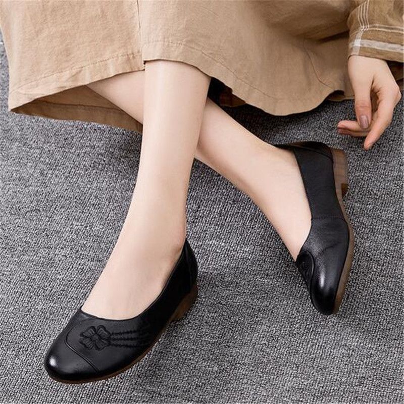Dianna Dames Geborduurde Zachte Leren Instappers Loafers - Kaki