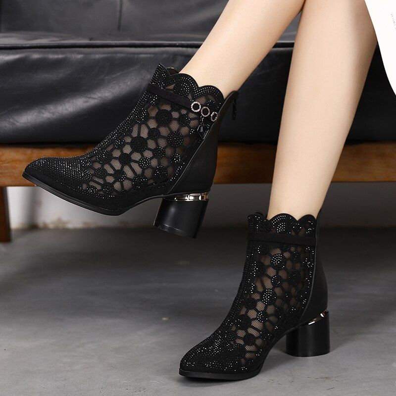 Dianne Dames Mesh Strass Mode Laarzen - Zwart