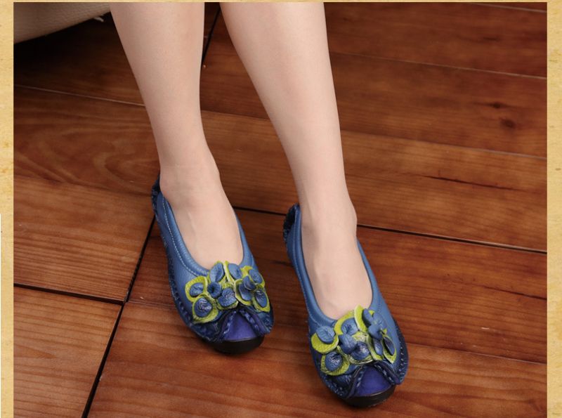 Dina Dames Platte Leren Loafer Schoenen - Blauw