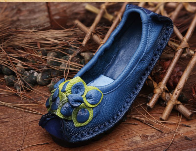 Dina Dames Platte Leren Loafer Schoenen - Blauw