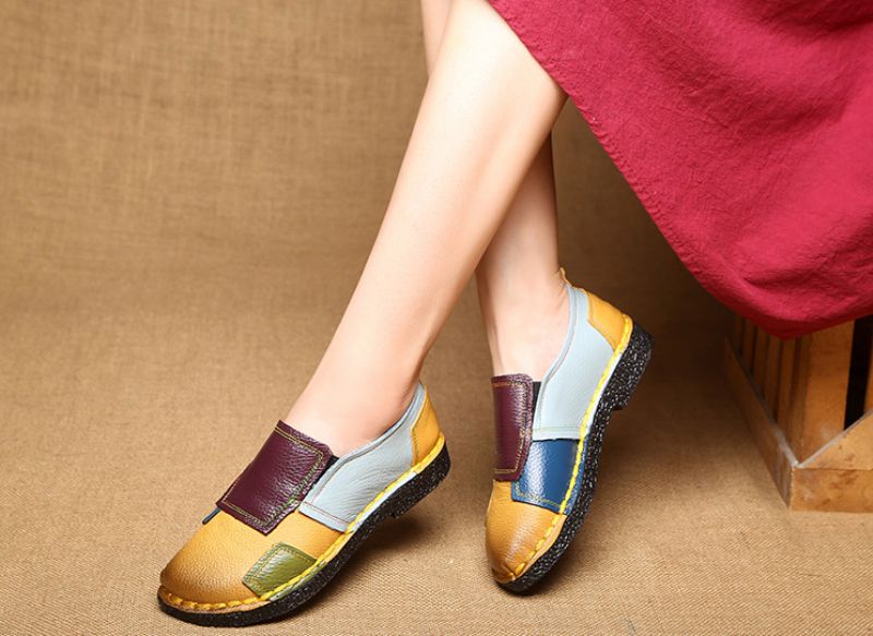 Dione Dames Leren Gestikte Loafer Schoenen - Groen