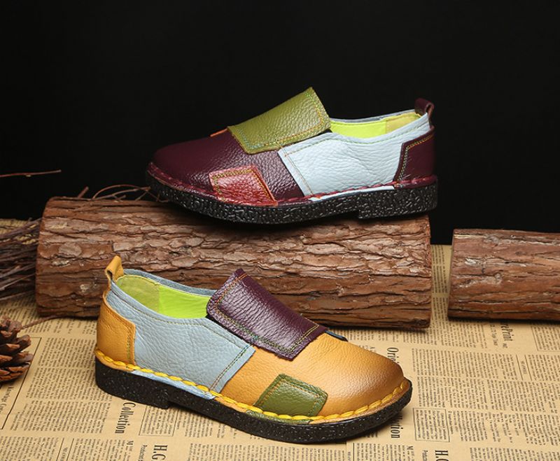 Dione Dames Leren Gestikte Loafer Schoenen - Groen