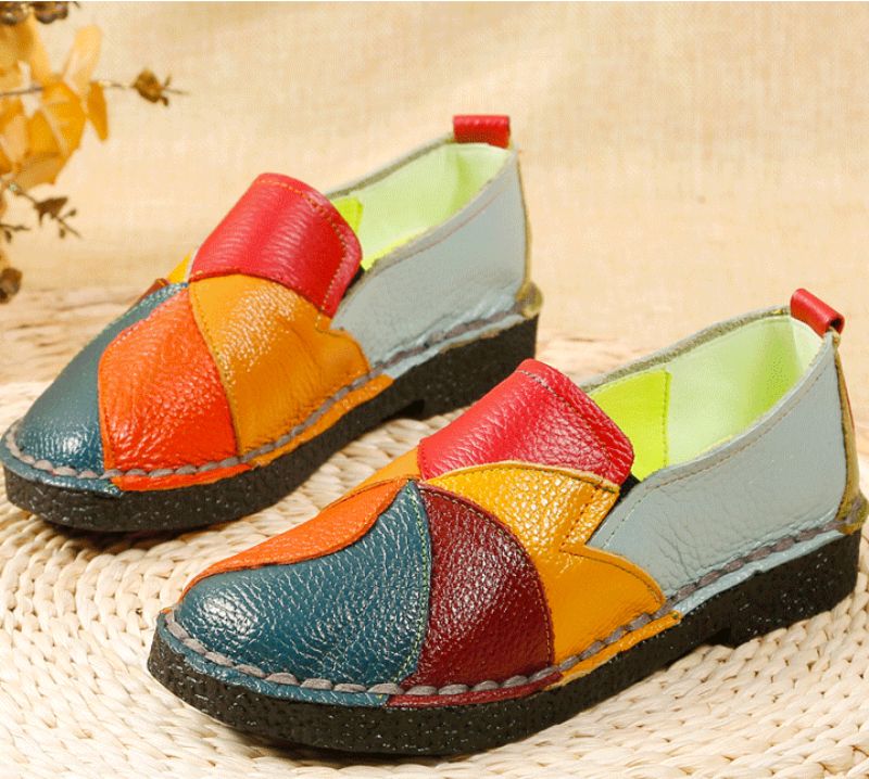 Dione Dames Leren Gestikte Loafer Schoenen - Groen