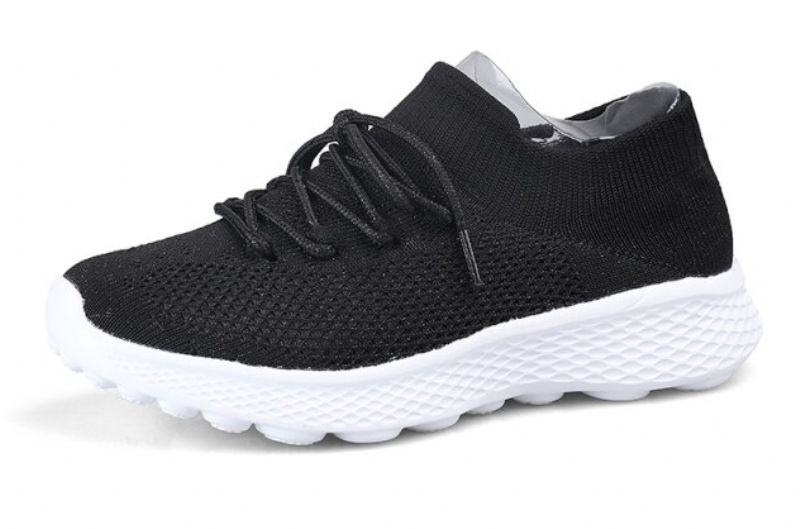 Dominga Dames Sneaker Ademende Veterschoenen Sport Platte Zwarte Schoenen - Zwart