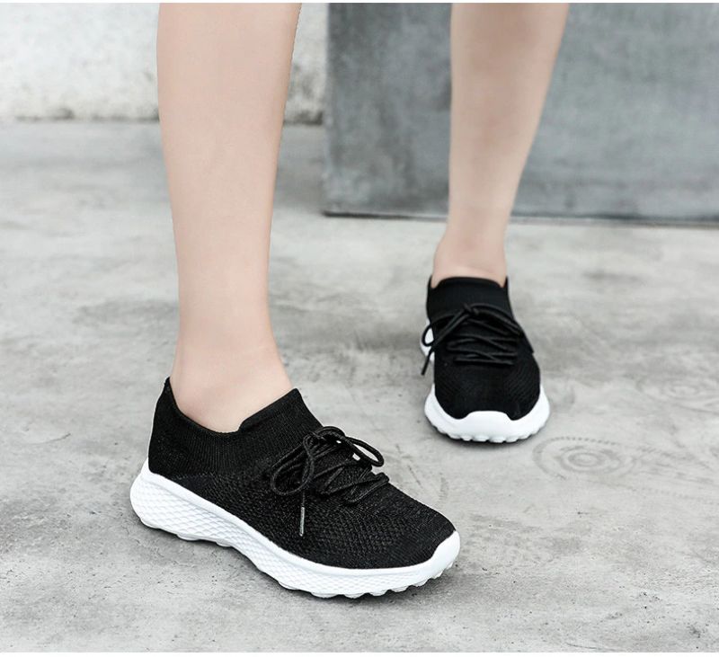 Dominga Dames Sneaker Ademende Veterschoenen Sport Platte Zwarte Schoenen - Zwart