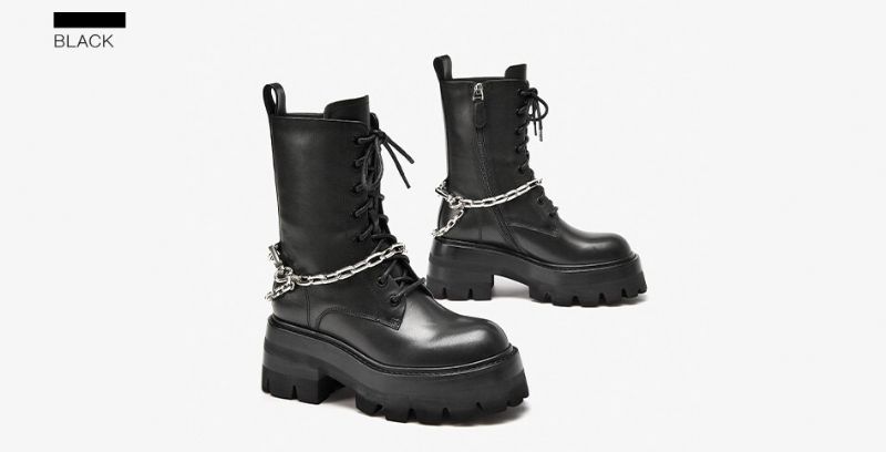 Duval Dames Leren Platform Enkellaarsjes - Zwart