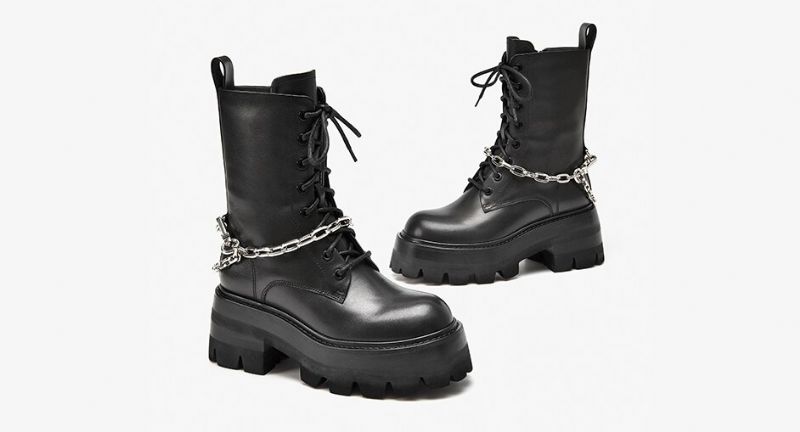 Duval Dames Leren Platform Enkellaarsjes - Zwart