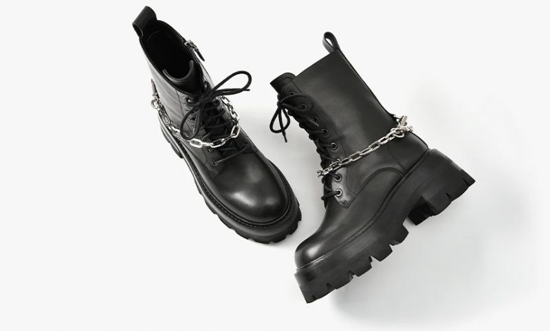 Duval Dames Leren Platform Enkellaarsjes - Zwart