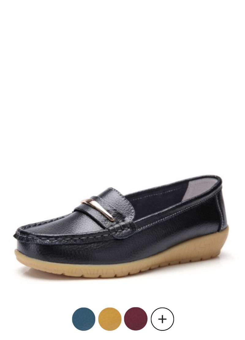 Edna Dames Echte Leren Schoenen Zwarte Platte Loafer Lente Herfst