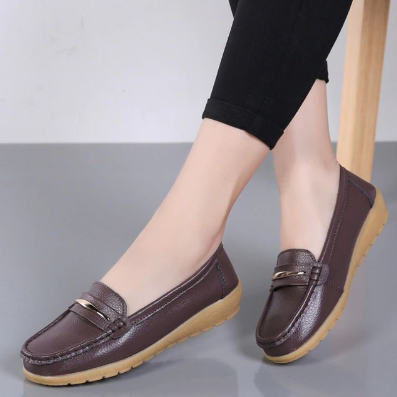 Edna Dames Echte Leren Schoenen Zwarte Platte Loafer Lente Herfst - Zwart