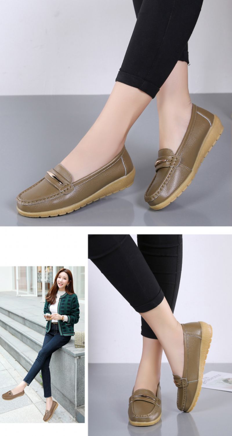 Edna Dames Echte Leren Schoenen Zwarte Platte Loafer Lente Herfst - Zwart