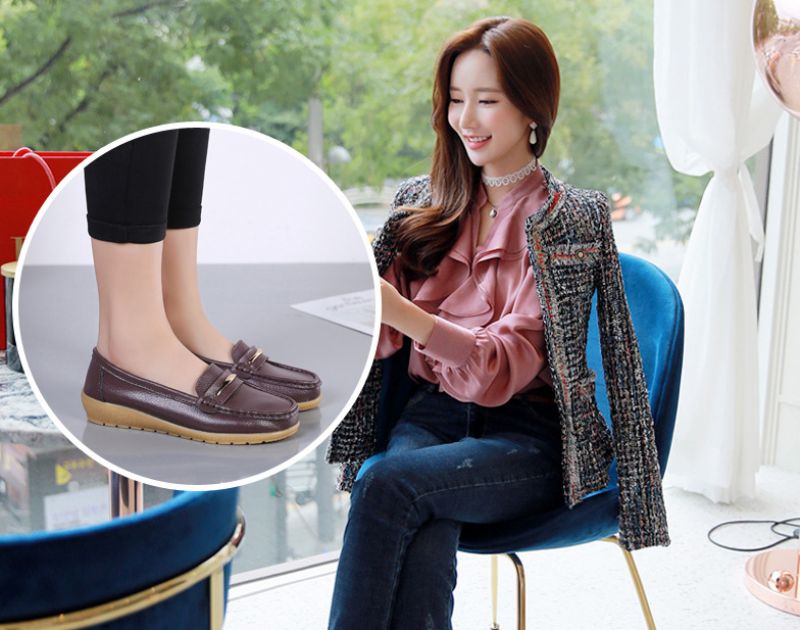 Edna Dames Echte Leren Schoenen Zwarte Platte Loafer Lente Herfst - Zwart