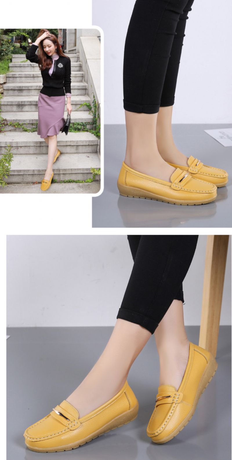 Edna Dames Echte Leren Schoenen Zwarte Platte Loafer Lente Herfst - Zwart