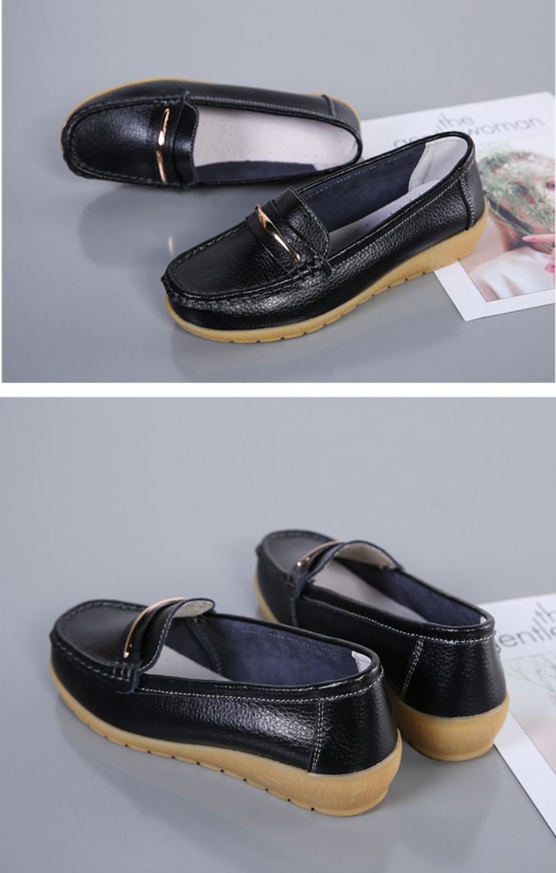 Edna Dames Echte Leren Schoenen Zwarte Platte Loafer Lente Herfst - Zwart