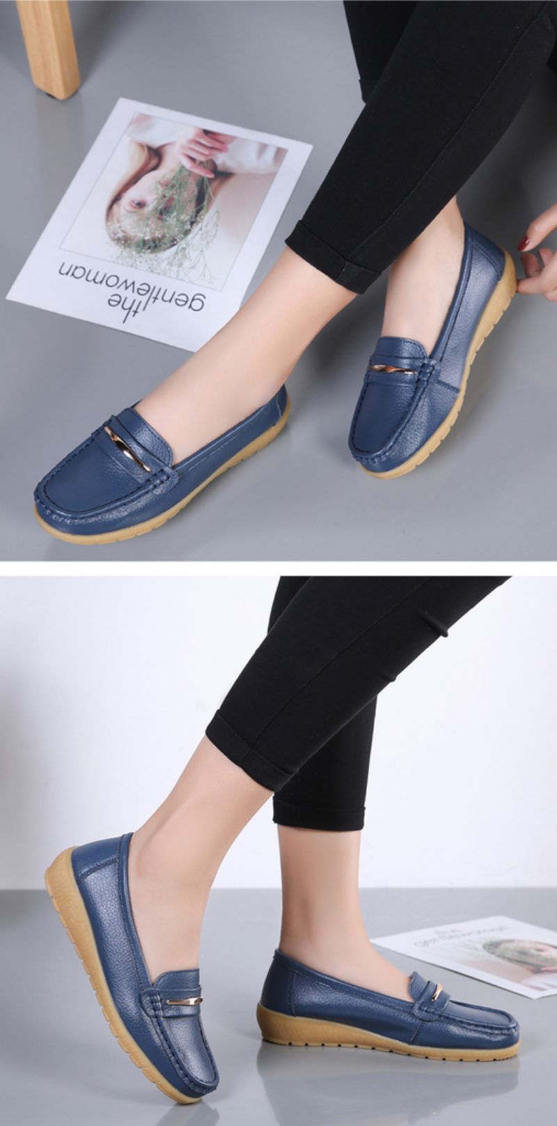 Edna Dames Echte Leren Schoenen Zwarte Platte Loafer Lente Herfst - Zwart