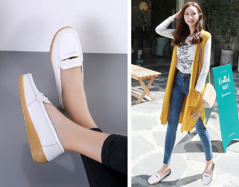 Edna Dames Echte Leren Schoenen Zwarte Platte Loafer Lente Herfst - Zwart