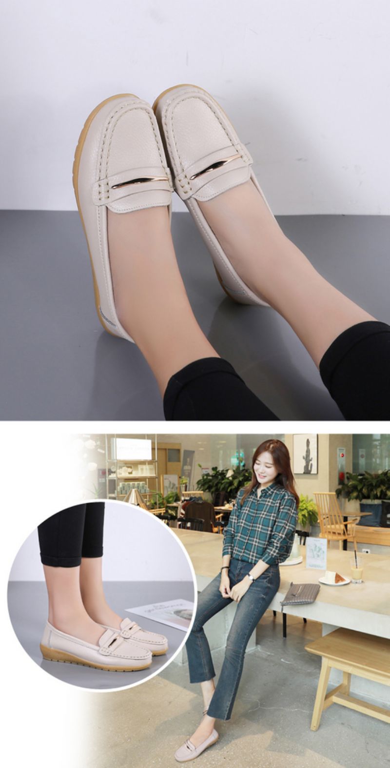 Edna Dames Echte Leren Schoenen Zwarte Platte Loafer Lente Herfst - Zwart
