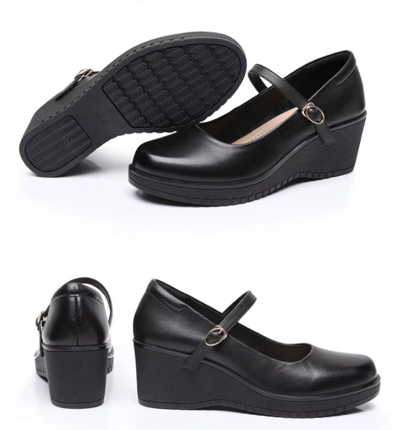 Elaine Dames Enkelband Wedges Pumps - Zwart