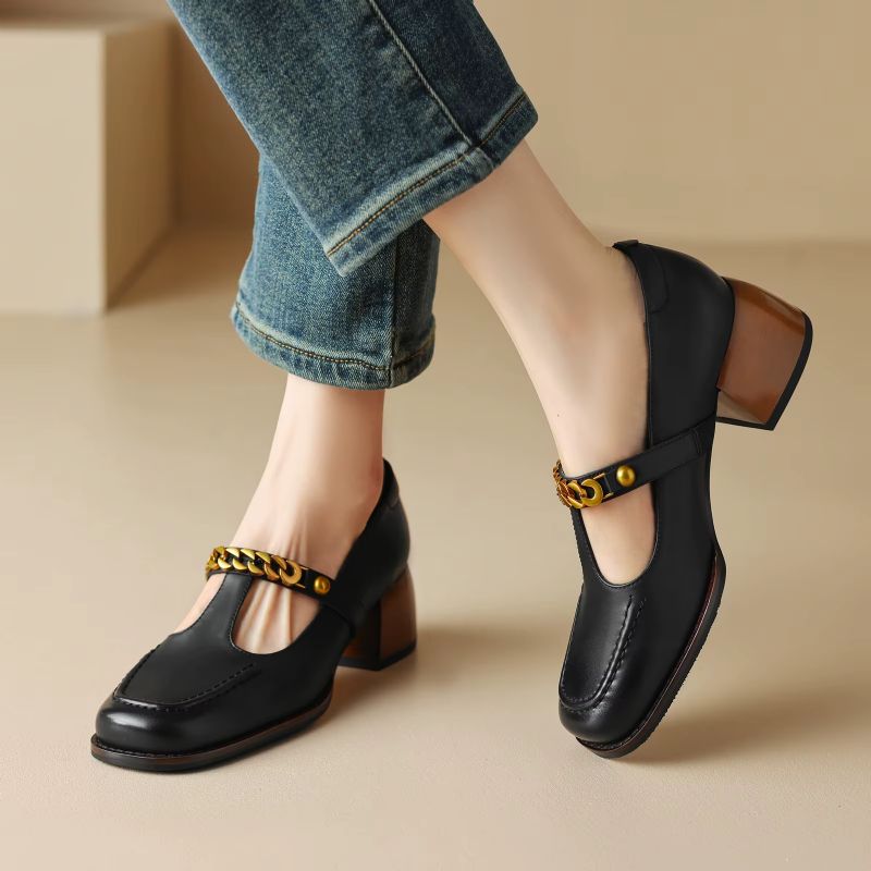 Elma Dames Metalen Ketting Leren Pumps - Zwart