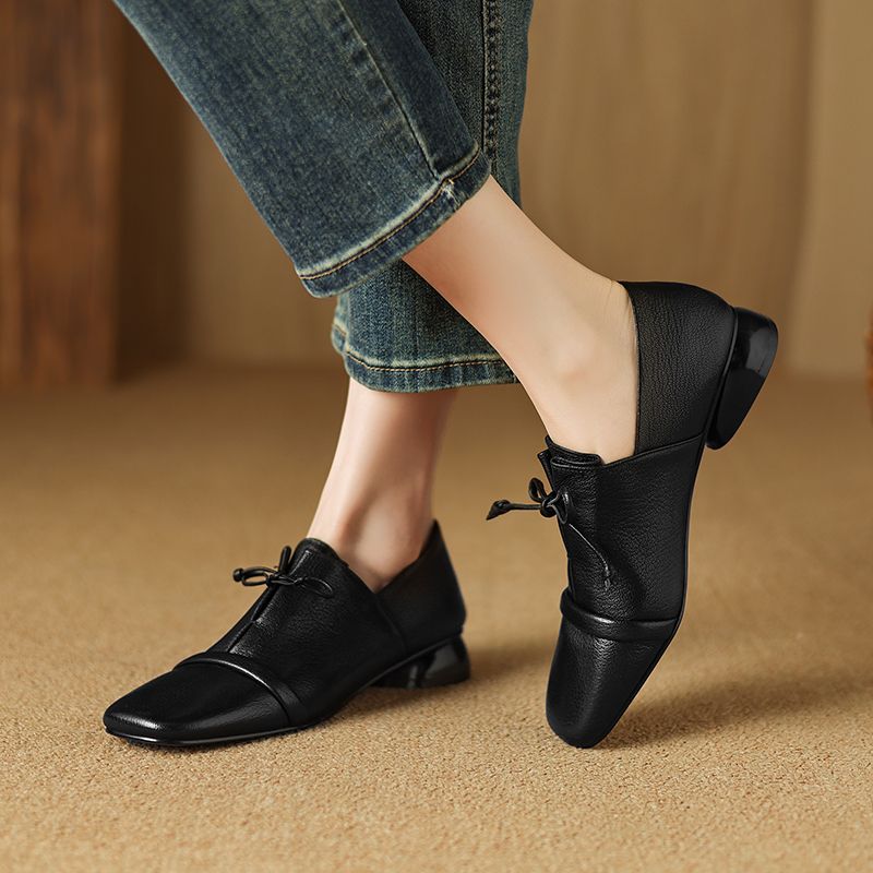Elsi Dames Leren Loafers Met Vierkante Neus - Zwart