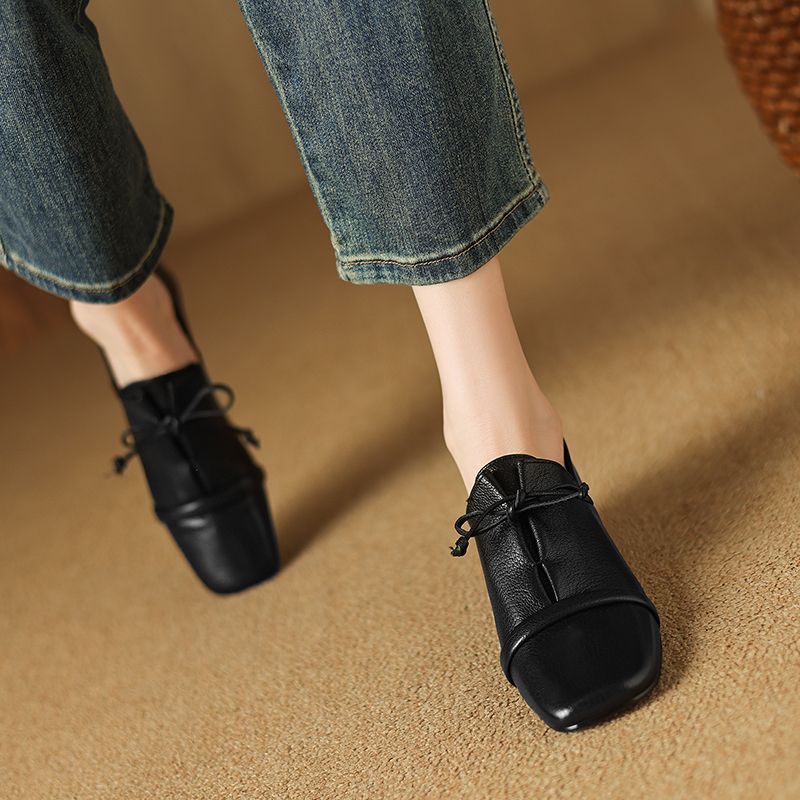 Elsi Dames Leren Loafers Met Vierkante Neus - Zwart