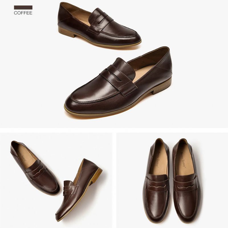 Enid Dames Ronde Neus Leren Loafer Schoenen - Koffie