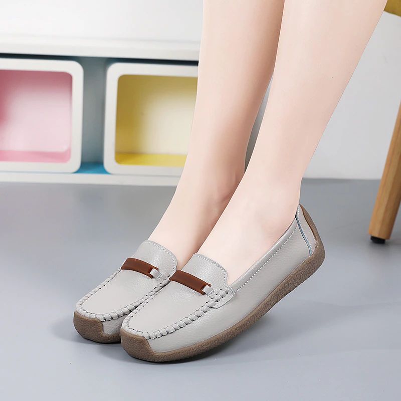 Enzo Dames Platte Leren Loafer Schoenen - Grijs