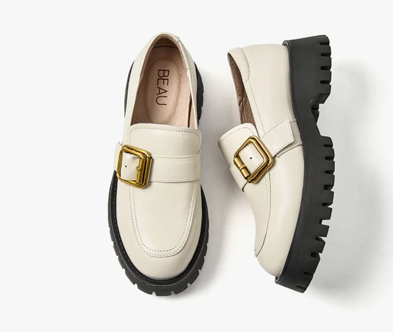 Esma Dames Leren Platform Loafer - Beige